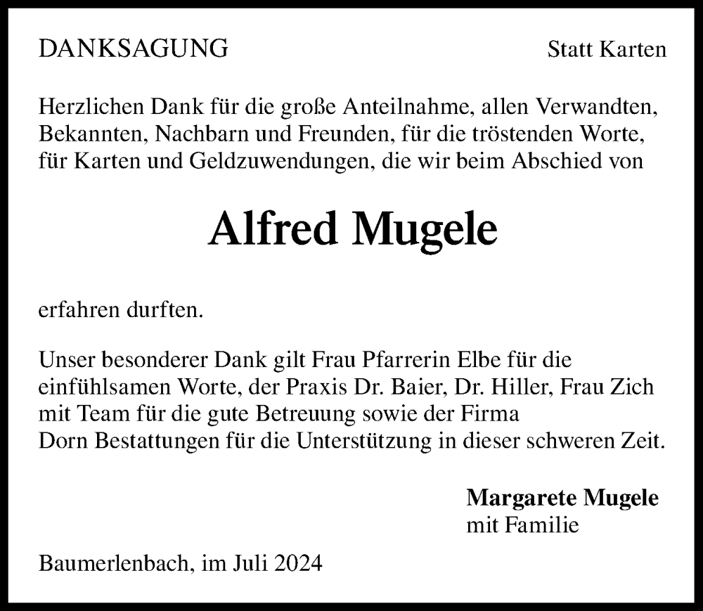  Traueranzeige für Alfred Mugele vom 27.07.2024 aus GESAMT