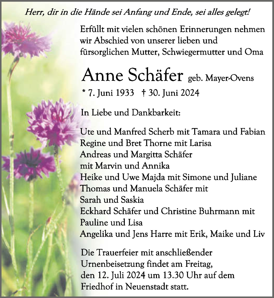  Traueranzeige für Anne Schäfer vom 11.07.2024 aus GESAMT