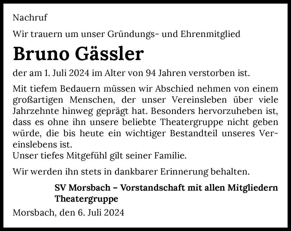  Traueranzeige für Bruno Gässler vom 06.07.2024 aus GESAMT