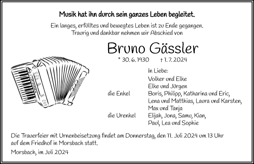  Traueranzeige für Bruno Gässler vom 05.07.2024 aus GESAMT