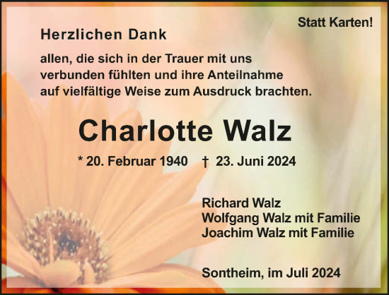 Traueranzeige von Charlotte Walz von GESAMT