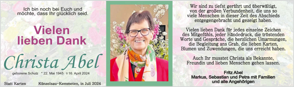  Traueranzeige für Christa Abel vom 27.07.2024 aus GESAMT
