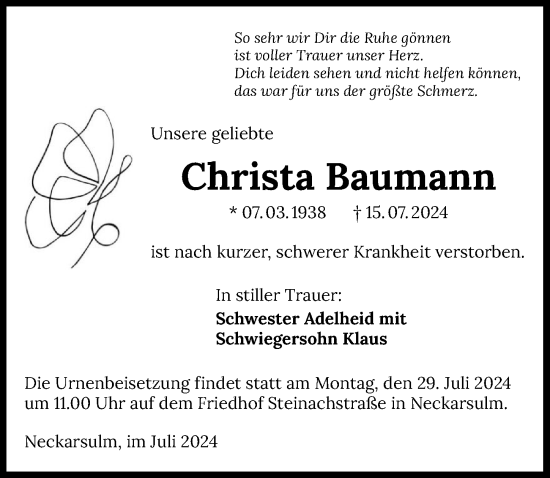 Traueranzeige von Christa Baumann von GESAMT