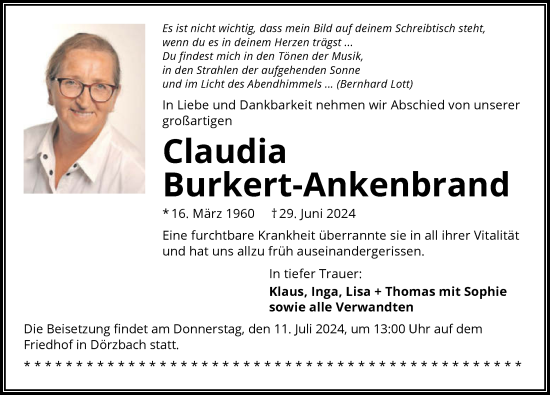 Traueranzeige von Claudia Burkert-Ankenbrand von GESAMT