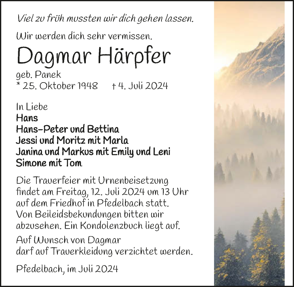  Traueranzeige für Dagmar Härpfer vom 09.07.2024 aus GESAMT
