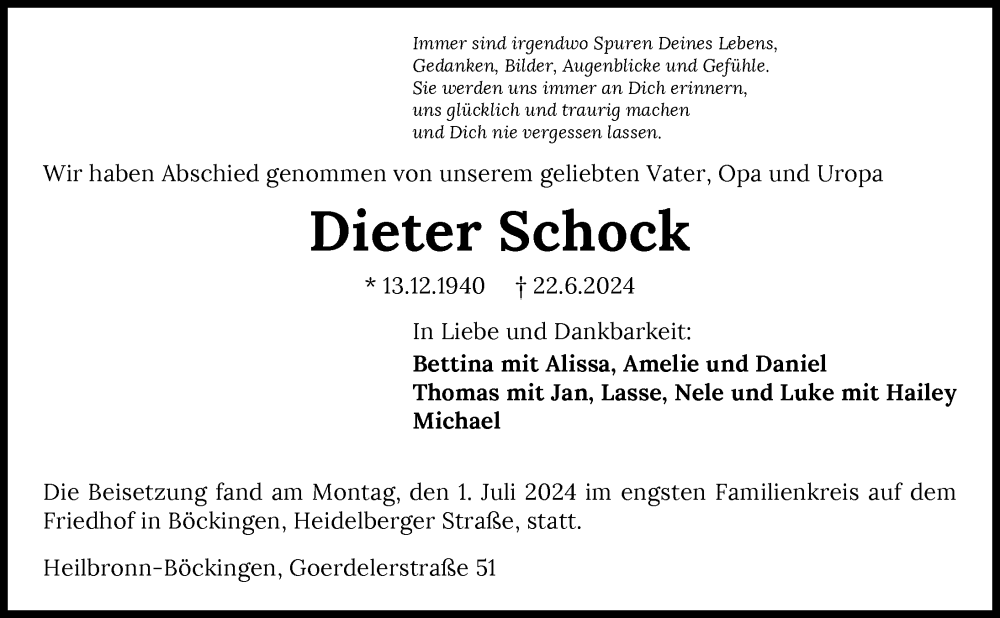 Traueranzeige für Dieter Schock vom 06.07.2024 aus GESAMT
