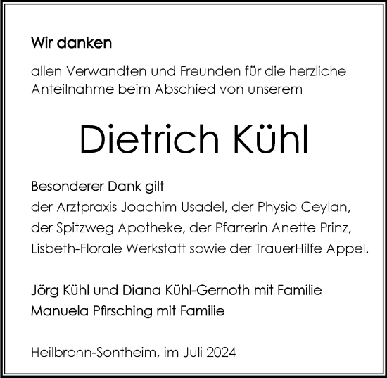 Traueranzeige von Dietrich Kühl von GESAMT