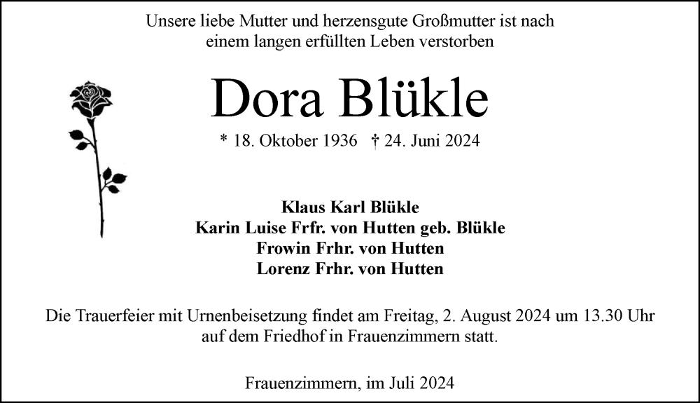  Traueranzeige für Dora Blükle vom 20.07.2024 aus GESAMT