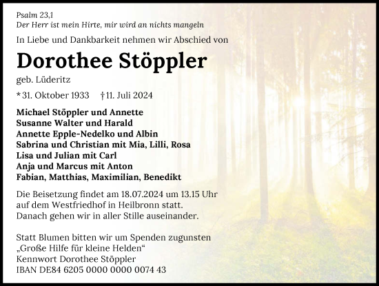 Traueranzeige von Dorothee Stöppler von GESAMT