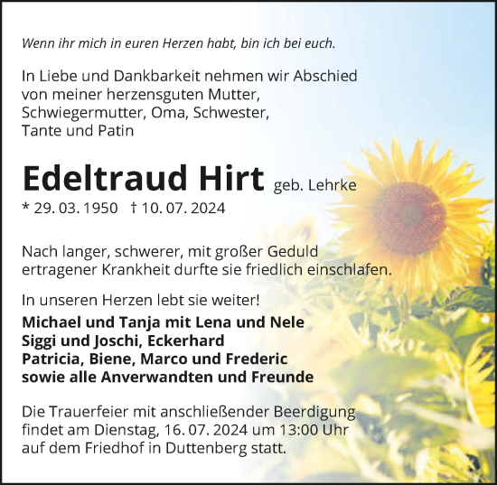 Traueranzeige von Edeltraud Hirt von GESAMT