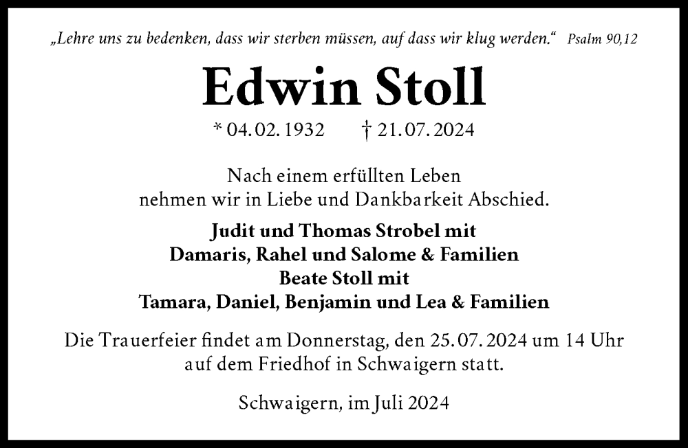  Traueranzeige für Edwin Stoll vom 23.07.2024 aus GESAMT