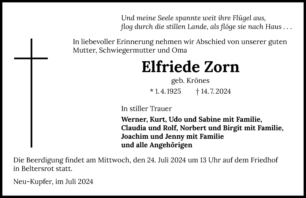  Traueranzeige für Elfriede Zorn vom 20.07.2024 aus GESAMT