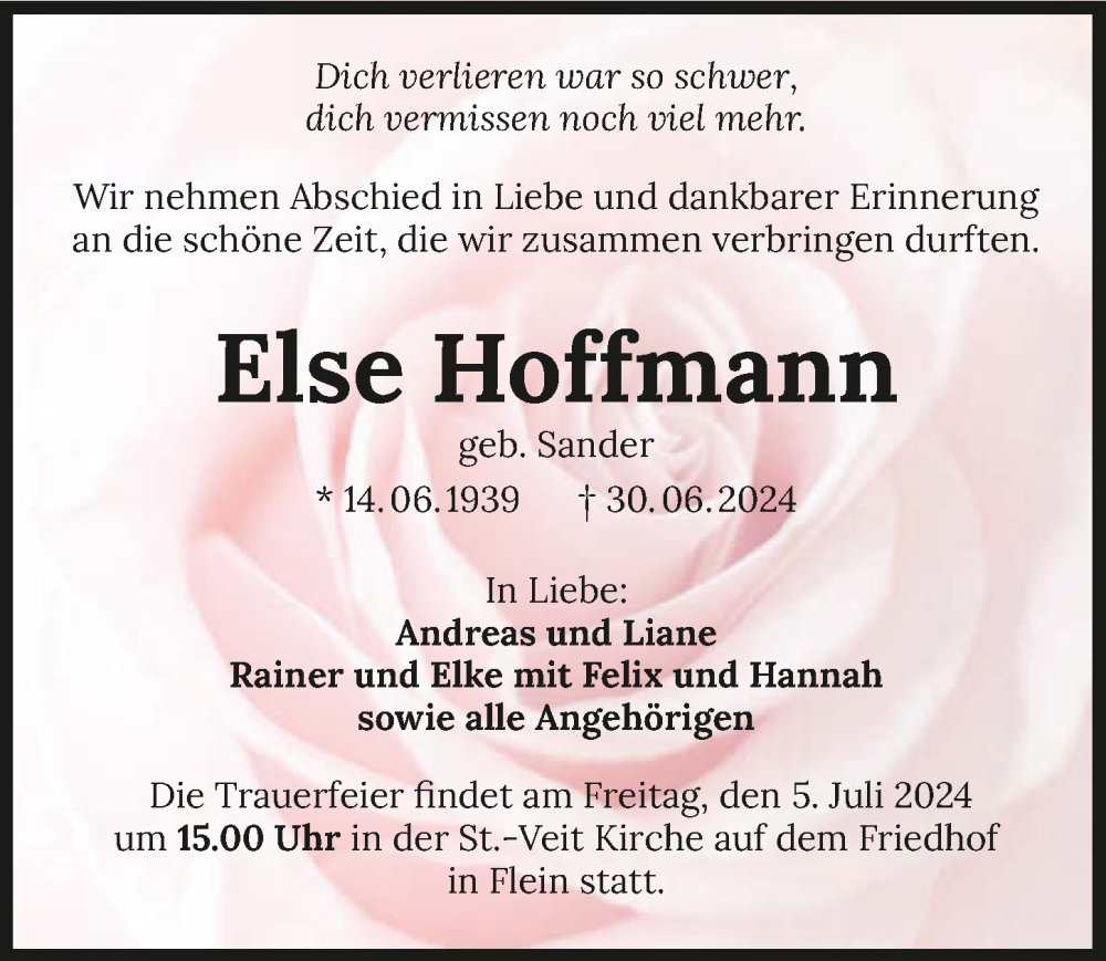  Traueranzeige für Else Hoffmann vom 03.07.2024 aus GESAMT