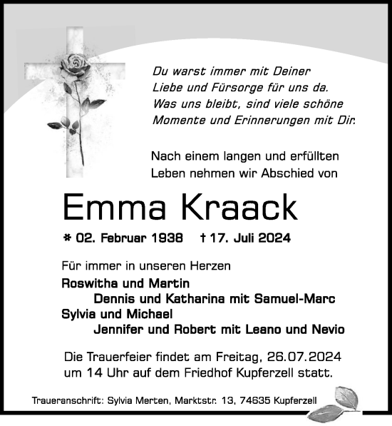 Traueranzeige von Emma Kraack von GESAMT