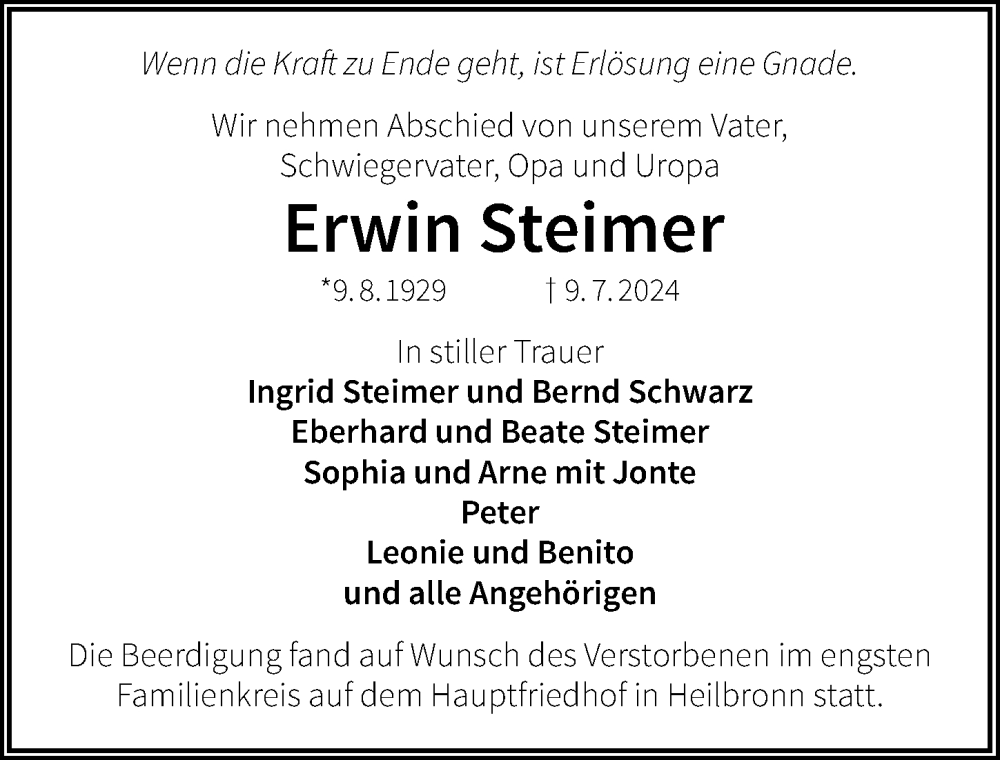  Traueranzeige für Erwin Steimer vom 20.07.2024 aus GESAMT