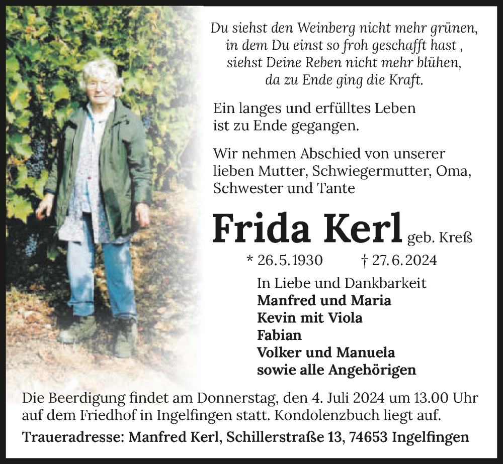  Traueranzeige für Frida Kerl vom 02.07.2024 aus GESAMT