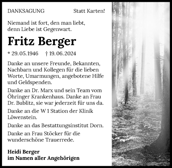 Traueranzeige von Fritz Berger von GESAMT