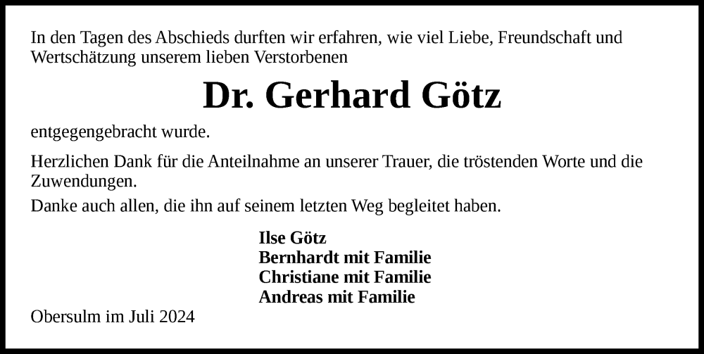  Traueranzeige für Gerhard Götz vom 27.07.2024 aus GESAMT