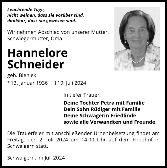 Traueranzeige von Hannelore Schneider von GESAMT