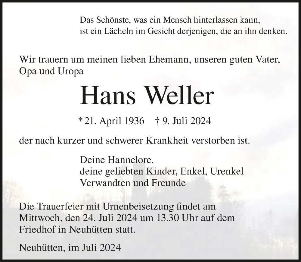  Traueranzeige für Hans Weller vom 20.07.2024 aus GESAMT