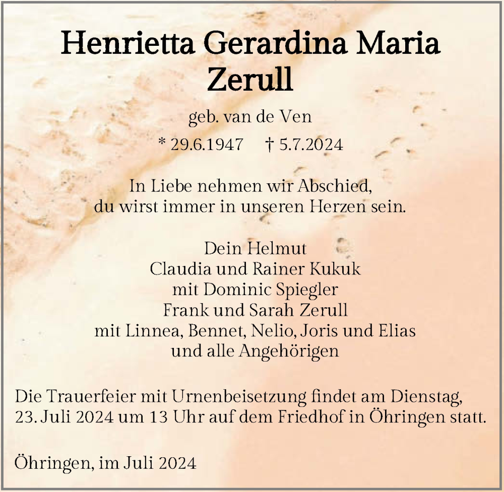 Traueranzeige für Henrietta Gerardina Maria Zerull vom 17.07.2024 aus GESAMT