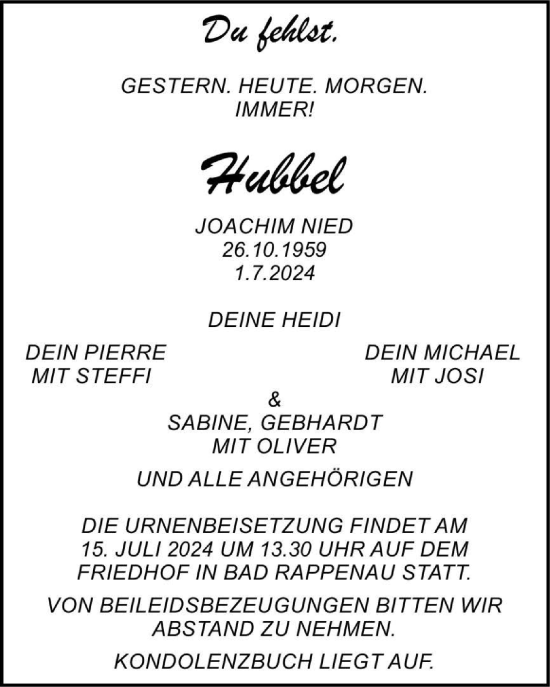 Traueranzeige von Joachim Nied von GESAMT