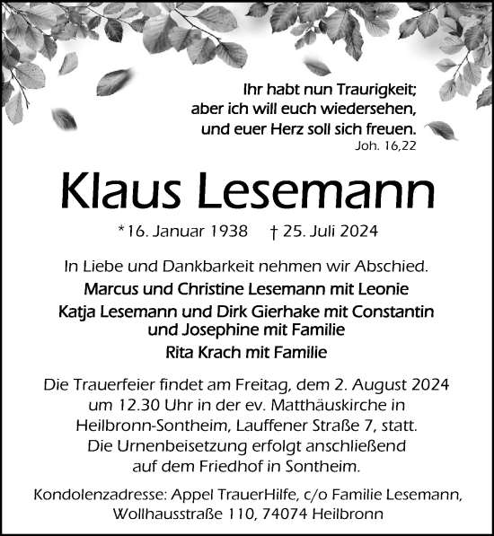 Traueranzeige von Klaus Lesemann von GESAMT