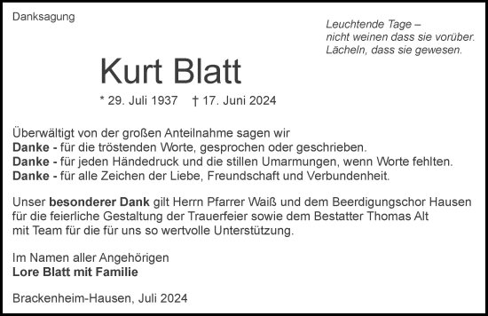 Traueranzeige von Kurt Blatt von GESAMT