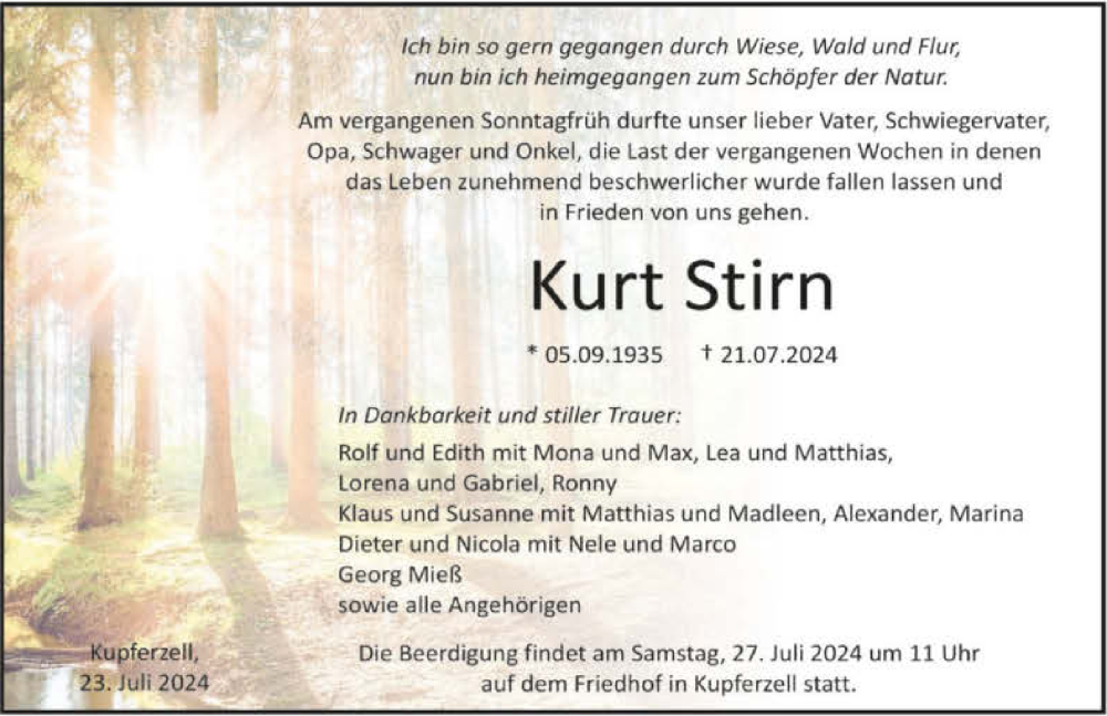  Traueranzeige für Kurt Stirn vom 23.07.2024 aus GESAMT