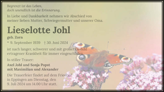 Traueranzeige von Lieselotte Johl von GESAMT