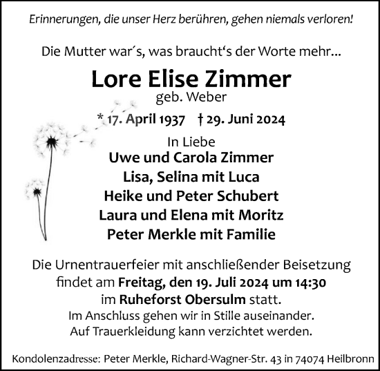 Traueranzeige von Lore Elise Zimmer von GESAMT