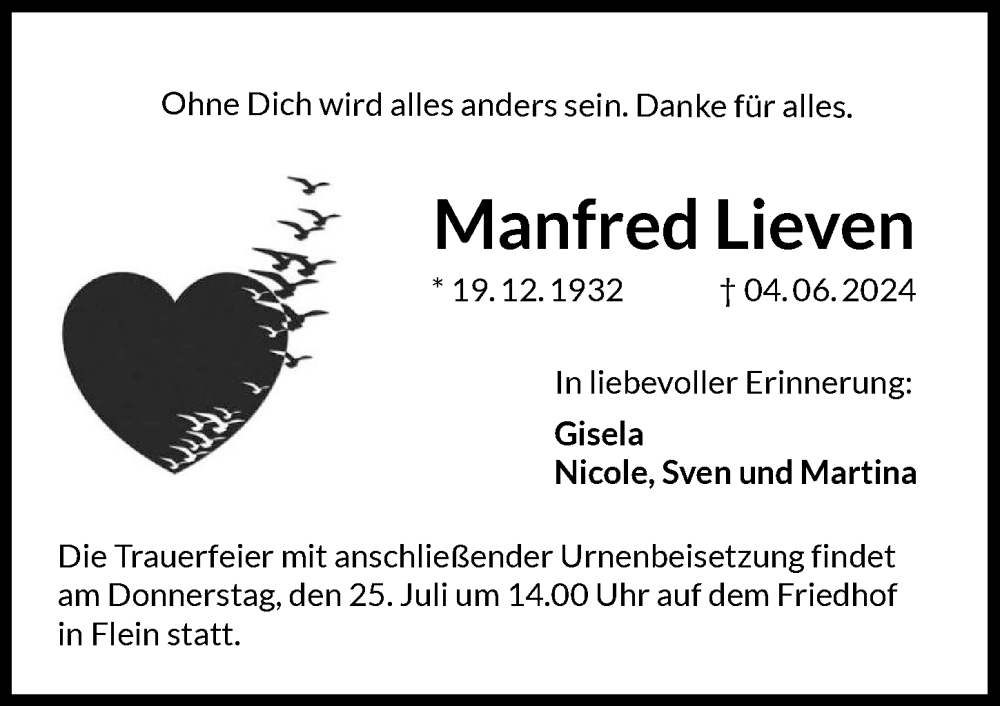  Traueranzeige für Manfred Lieven vom 06.07.2024 aus GESAMT