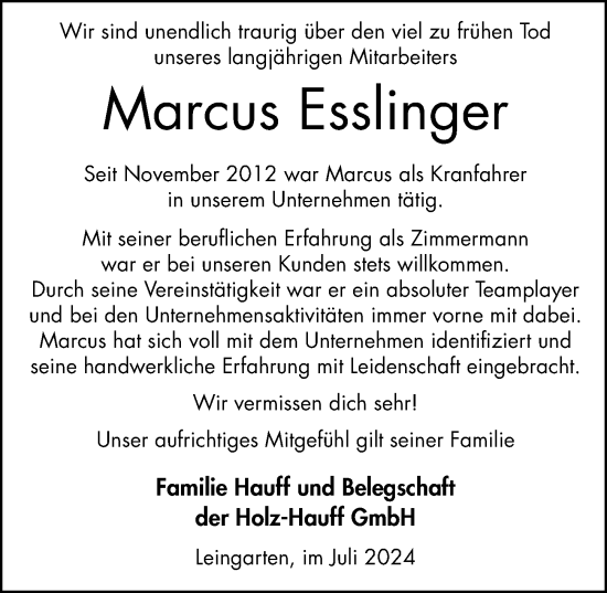 Traueranzeige von Marcus Esslinger von GESAMT