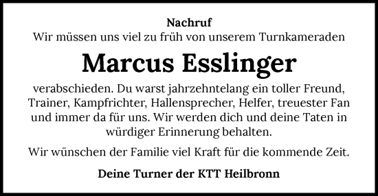 Traueranzeige von Marcus Esslinger von GESAMT