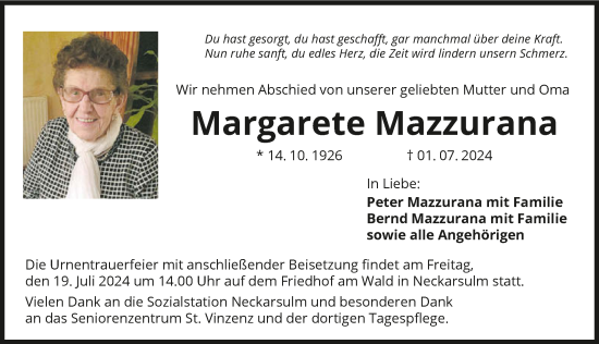 Traueranzeige von Margarete Mazzurana von GESAMT