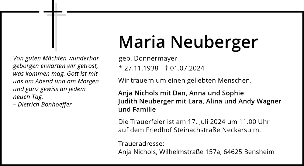  Traueranzeige für Maria Neuberger vom 06.07.2024 aus GESAMT