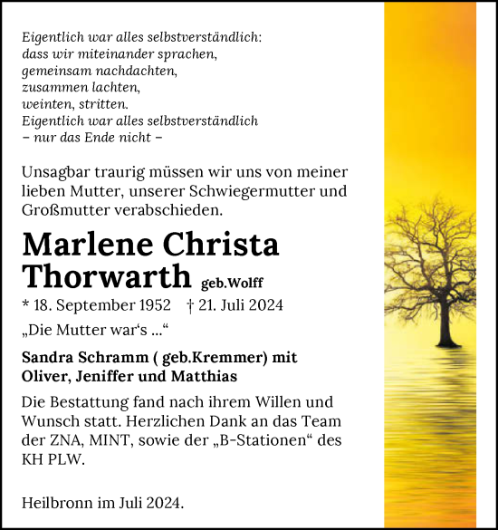 Traueranzeige von Marlene Christa Thorwarth von GESAMT