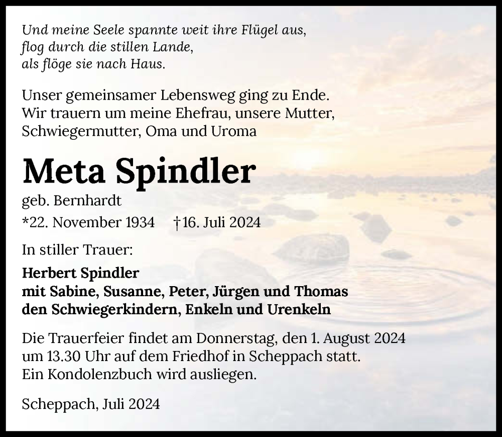  Traueranzeige für Meta Spindler vom 20.07.2024 aus GESAMT