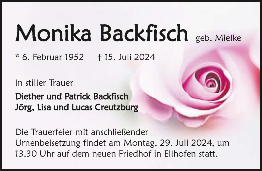  Traueranzeige für Monika Backfisch vom 20.07.2024 aus GESAMT