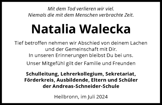 Traueranzeige von Natalia Walecka von GESAMT