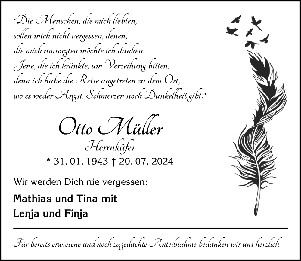  Traueranzeige für Otto Müller vom 30.07.2024 aus GESAMT