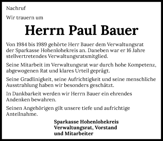 Traueranzeige von Paul Bauer von GESAMT