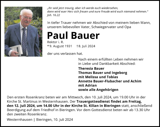 Traueranzeige von Paul Bauer von GESAMT