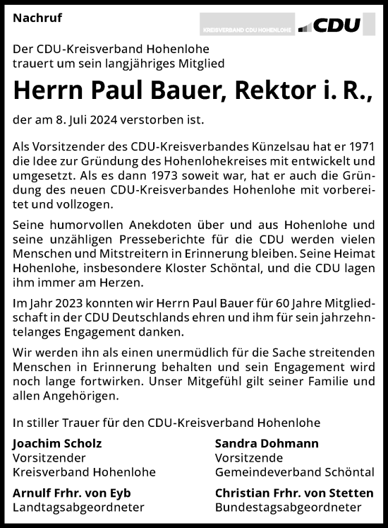 Traueranzeige von Paul Bauer von GESAMT