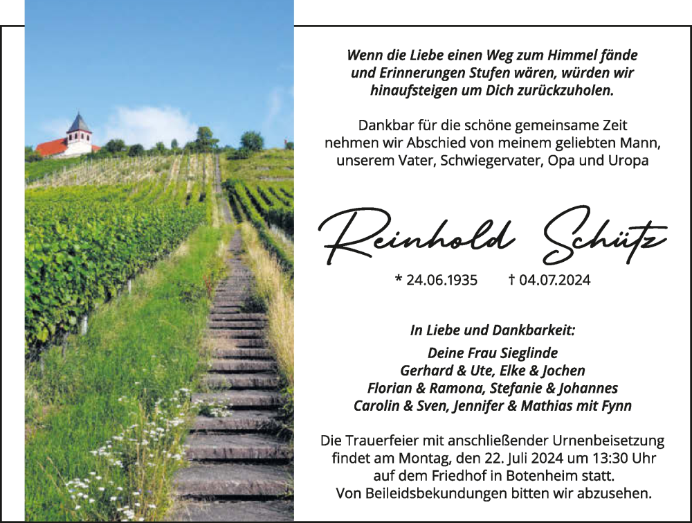  Traueranzeige für Reinhold Schütz vom 17.07.2024 aus GESAMT