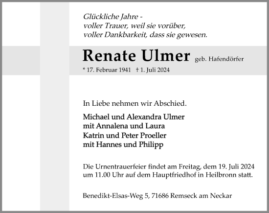 Traueranzeige von Renate Ulmer von GESAMT