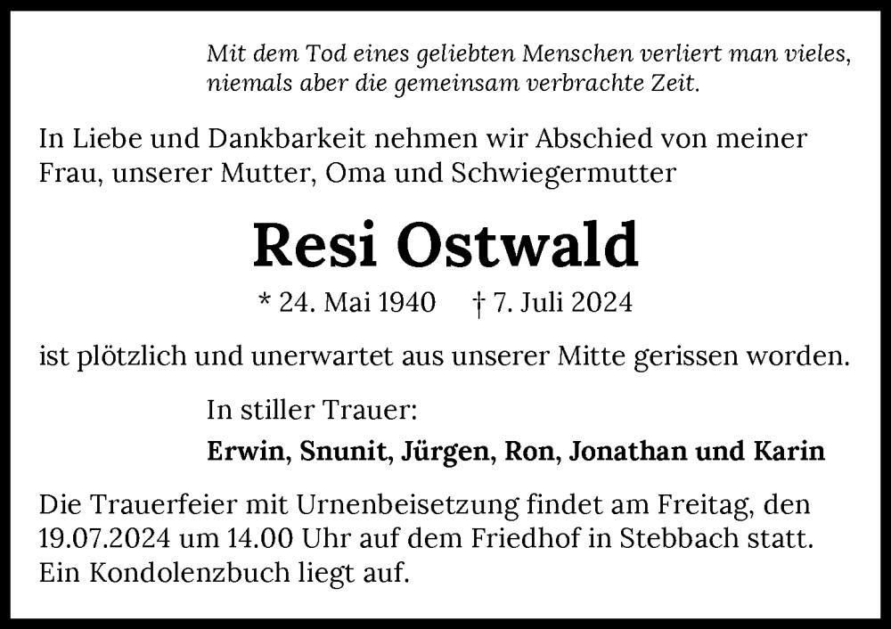  Traueranzeige für Resi Ostwald vom 15.07.2024 aus GESAMT
