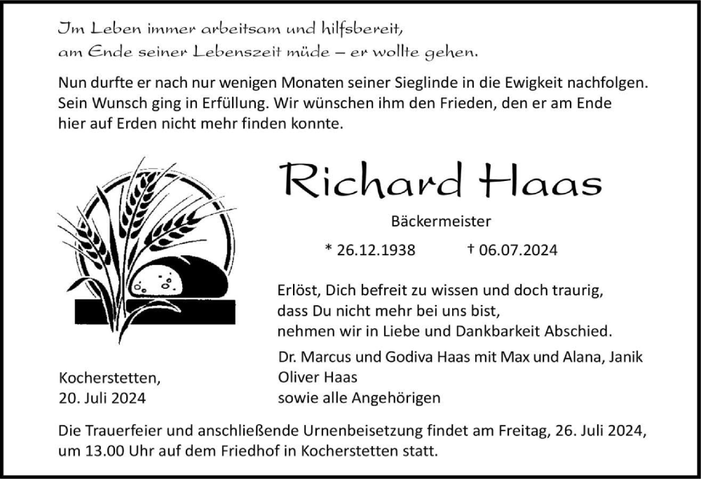  Traueranzeige für Richard Haas vom 20.07.2024 aus GESAMT