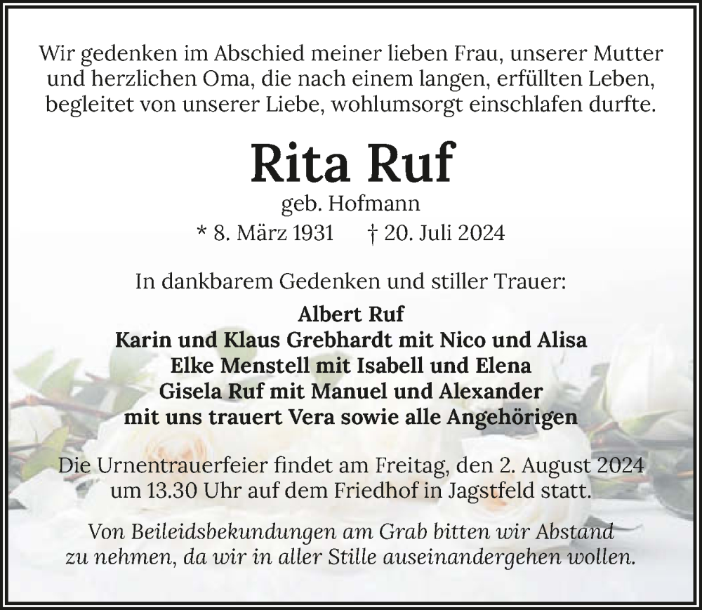  Traueranzeige für Rita Ruf vom 27.07.2024 aus GESAMT