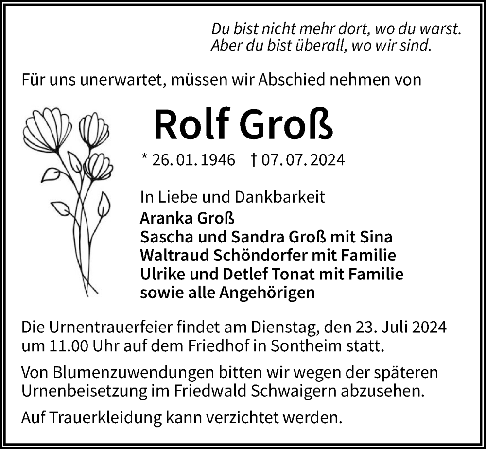  Traueranzeige für Rolf Groß vom 17.07.2024 aus GESAMT